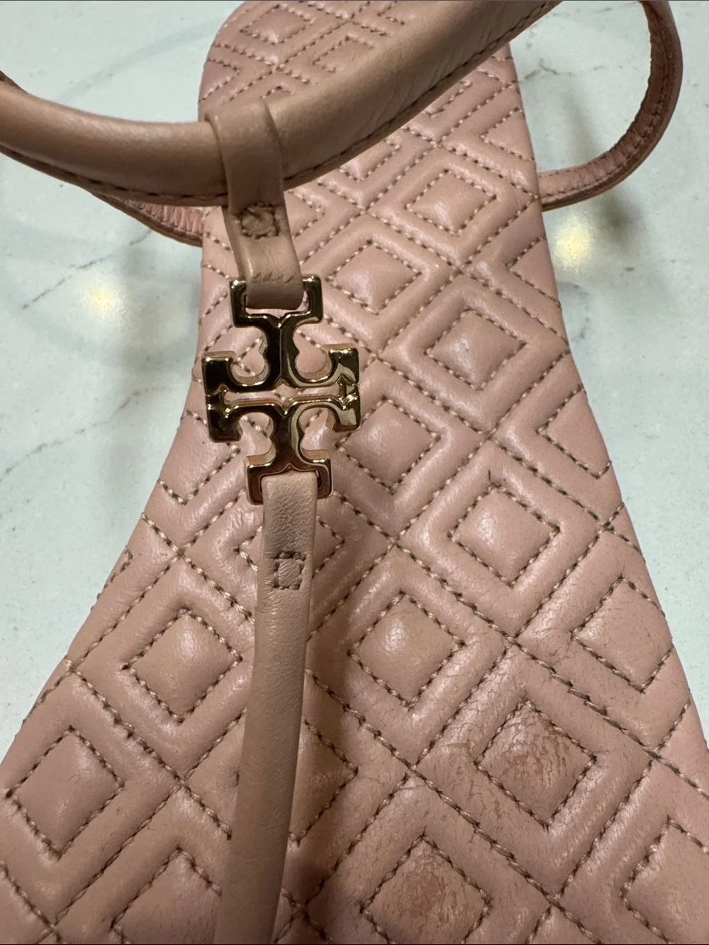 Tory Burch Pink Quilted T-Strap Sandals with Gold Logo Minimalist Sz8.5